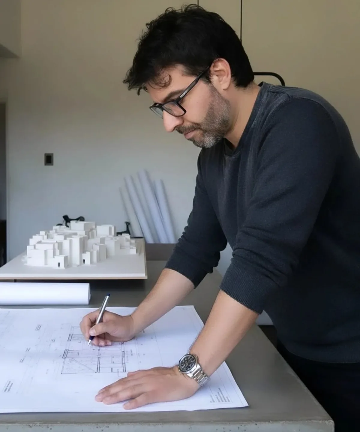 Matías Villanueva, arquitecto, revisando un plano sobre la mesa de trabajo del estudio