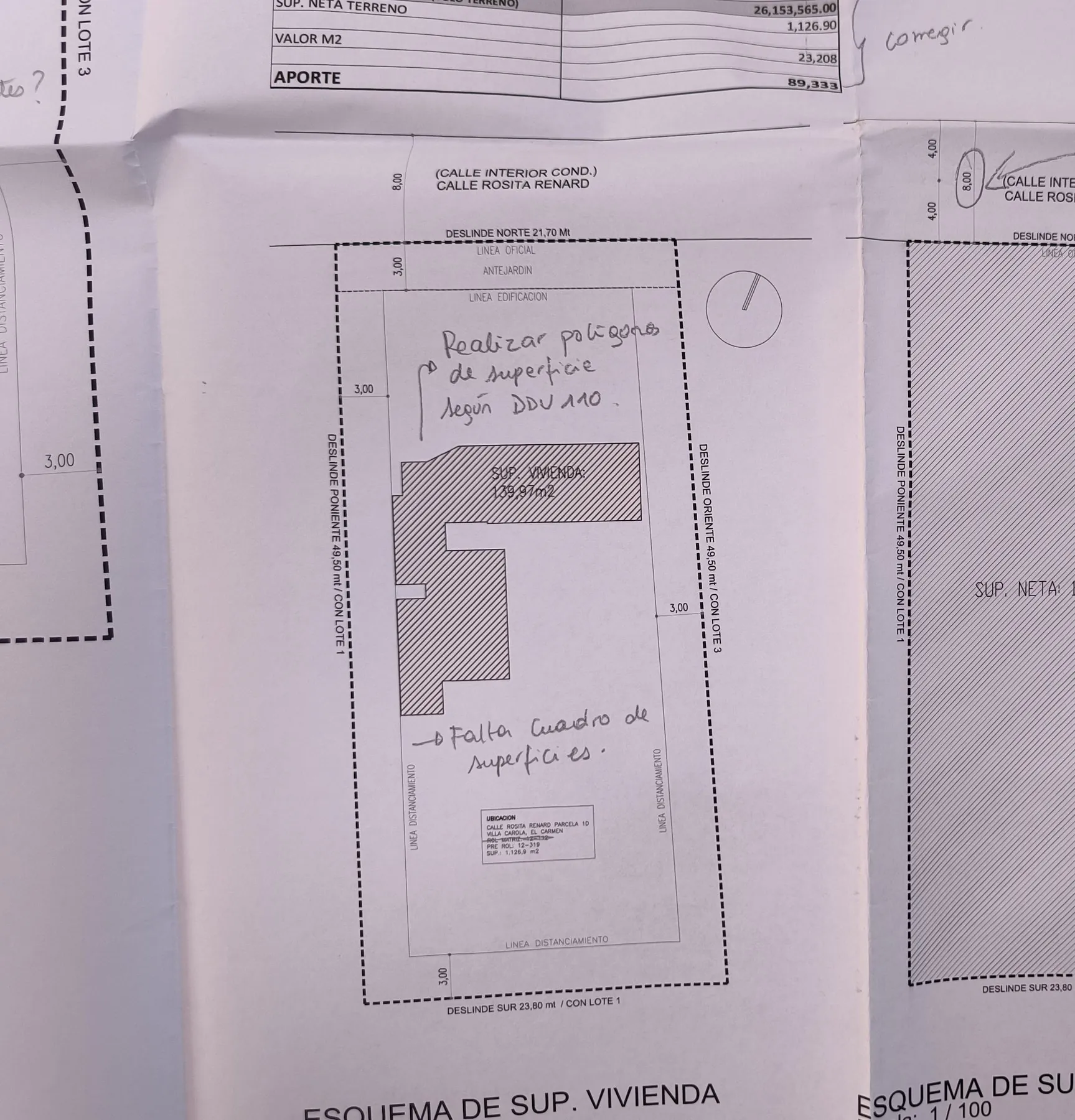 Lámina de expediente municipal con plantas, cortes y cuadro de superficies