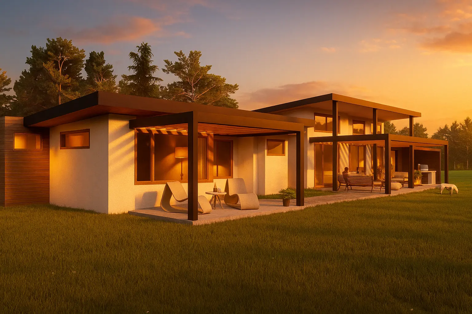 La casa al atardecer: luz cálida sobre los muros, los aleros y la terraza, con el prado al frente