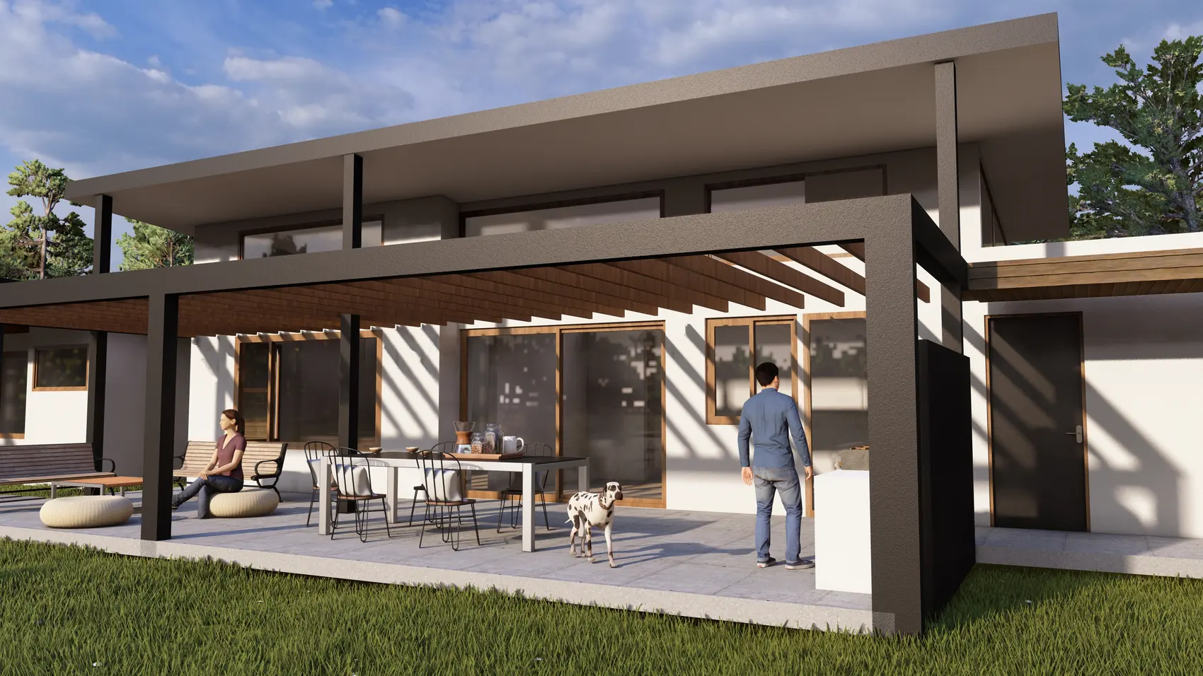 Terraza cubierta con pérgola de vigas de madera, mesa de comedor exterior y ventanales corridos al jardín