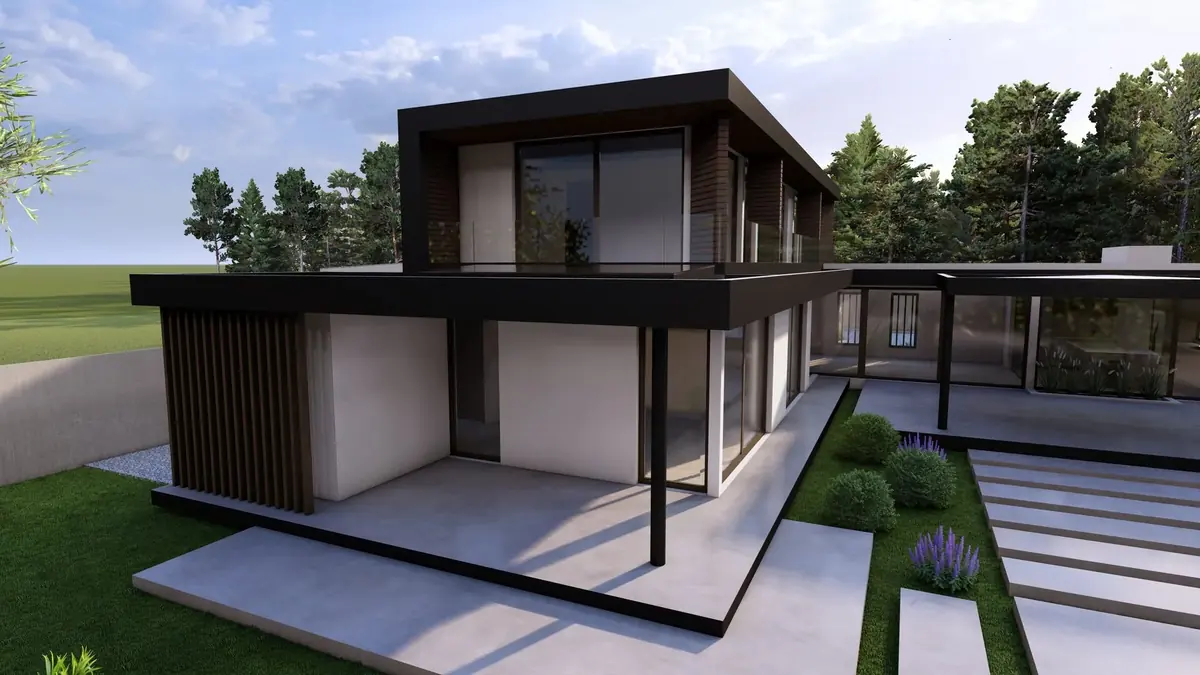 Casa VJ en Pirque: vivienda de dos pisos con terraza cubierta y jardín