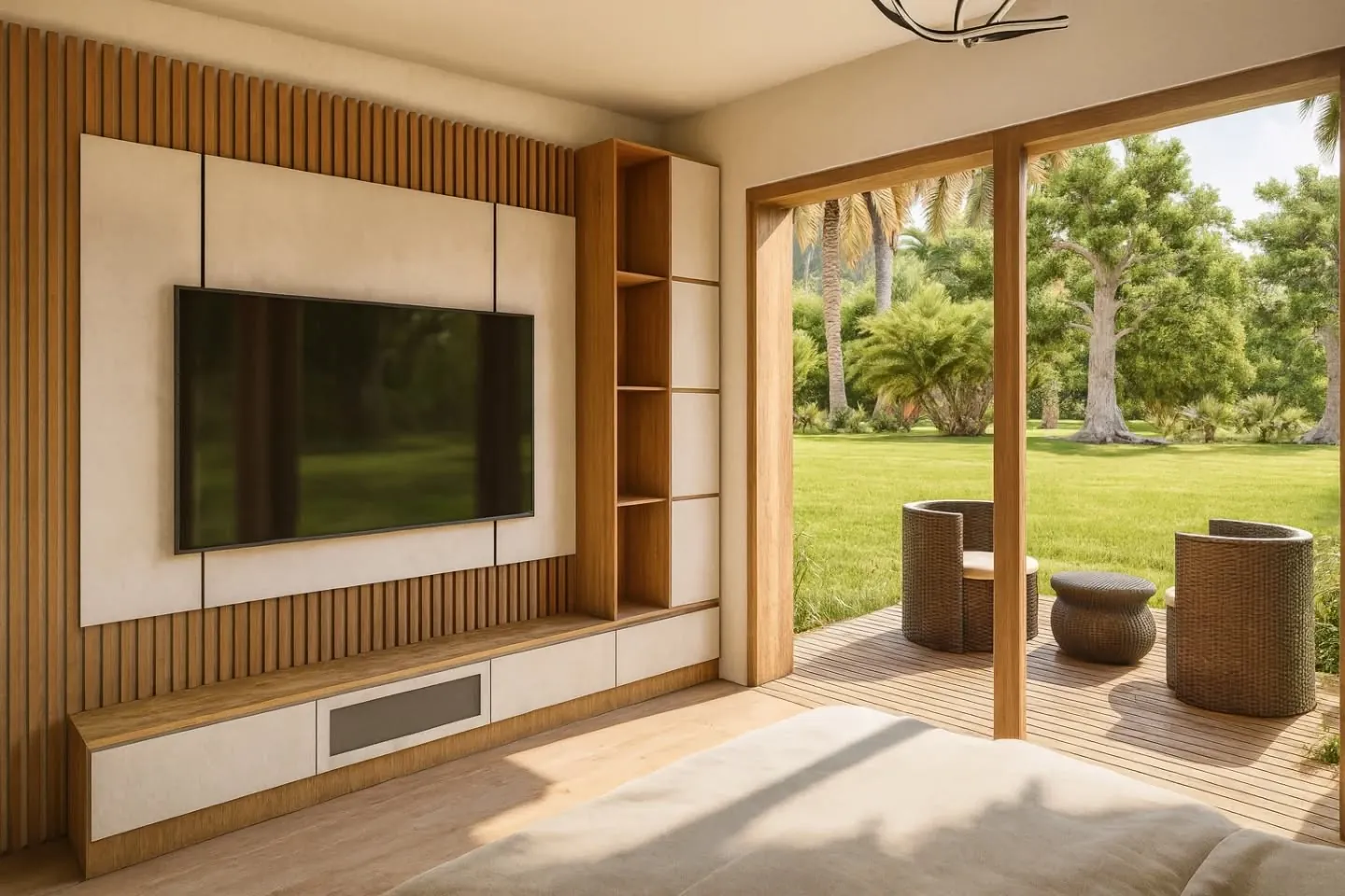 Interior de un módulo habitable: revestimiento de listones de madera y salida directa al jardín