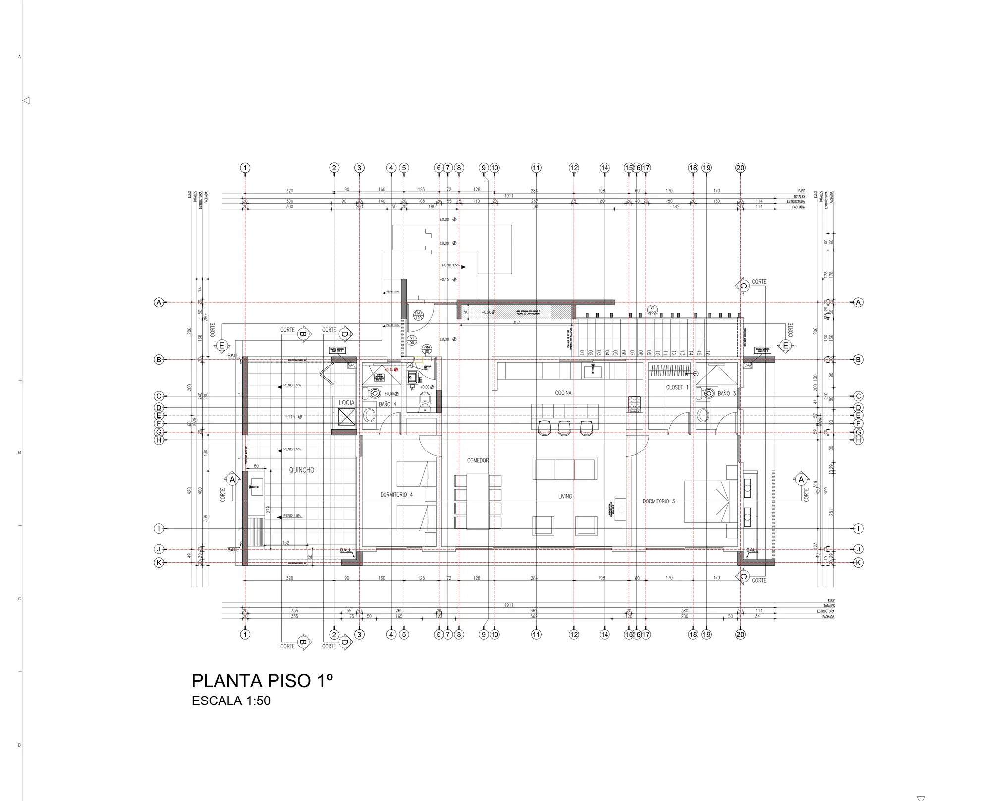 Planta del primer piso: quincho, logia, cocina abierta al living y comedor, dormitorios 3 y 4, con ejes y cotas