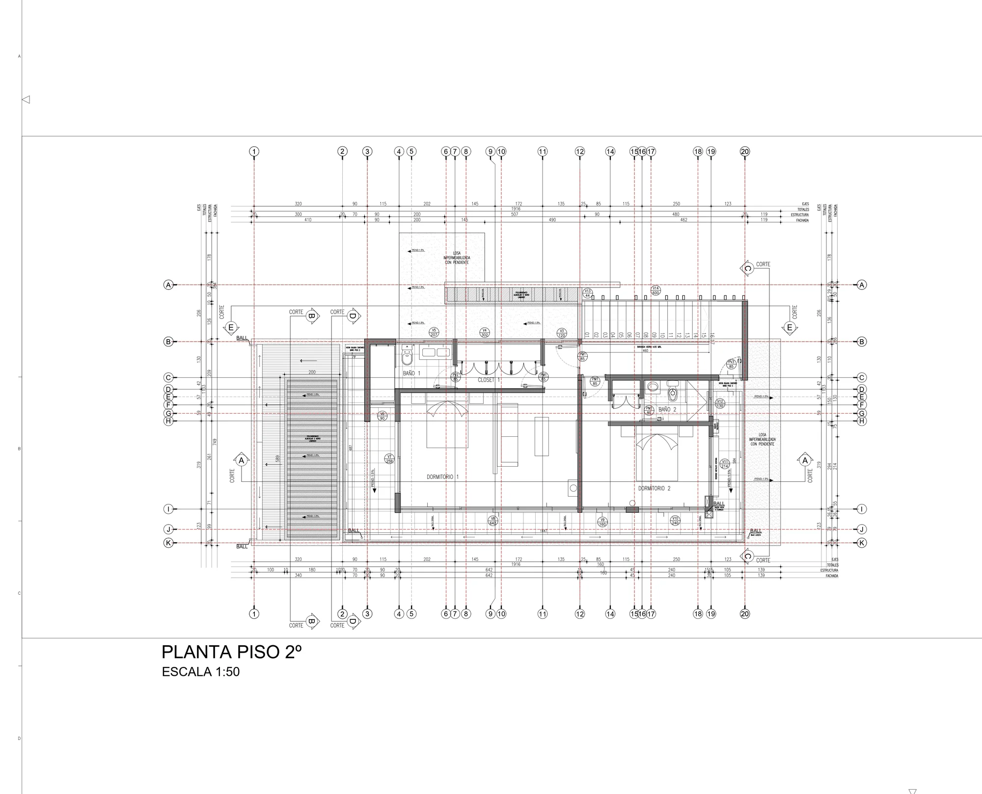 Planta del segundo piso: dormitorio principal con clóset y baño, dormitorio 2, terrazas con losa impermeabilizada