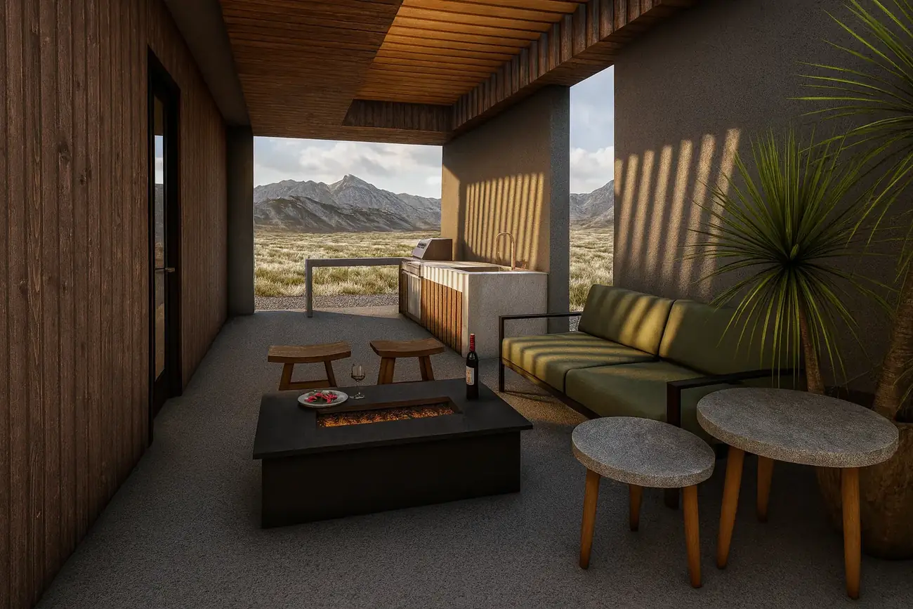 Render del proyecto: terraza cubierta con cielo de madera, fogón y quincho, abierta al valle y a los cerros