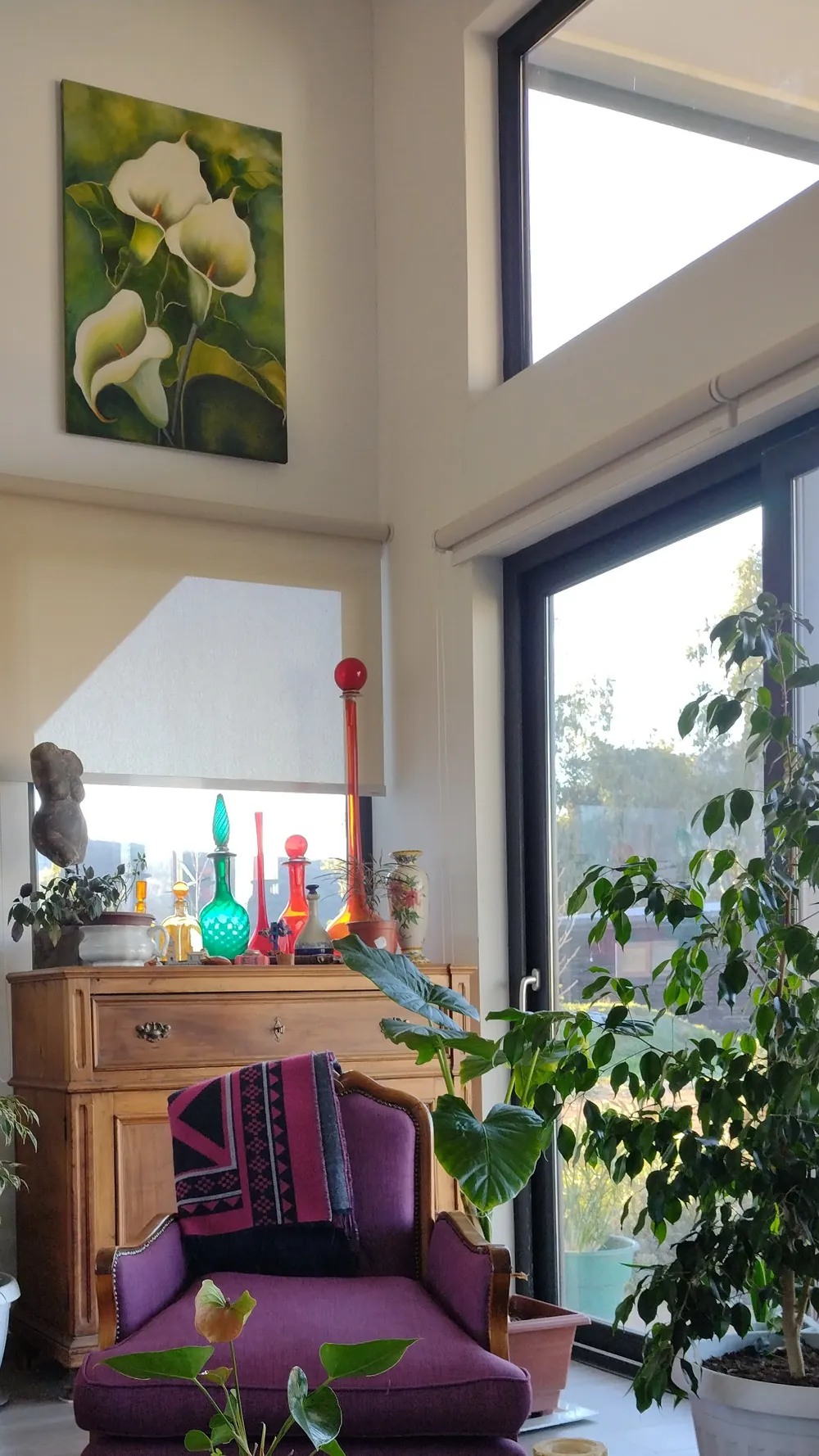 El mismo estar dos años después, habitado: la esquina de doble altura con el ventanal y las plantas