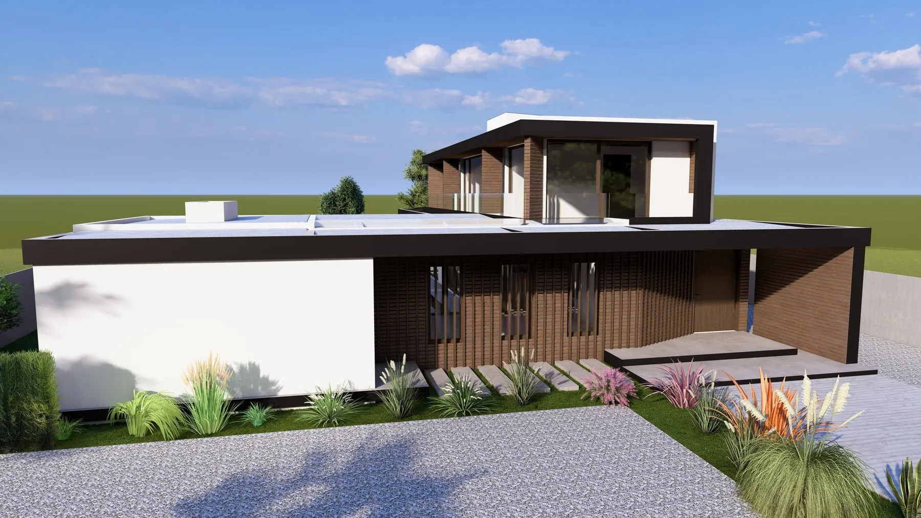Casa VJ: render de la fachada de acceso con celosía de madera y el volumen superior