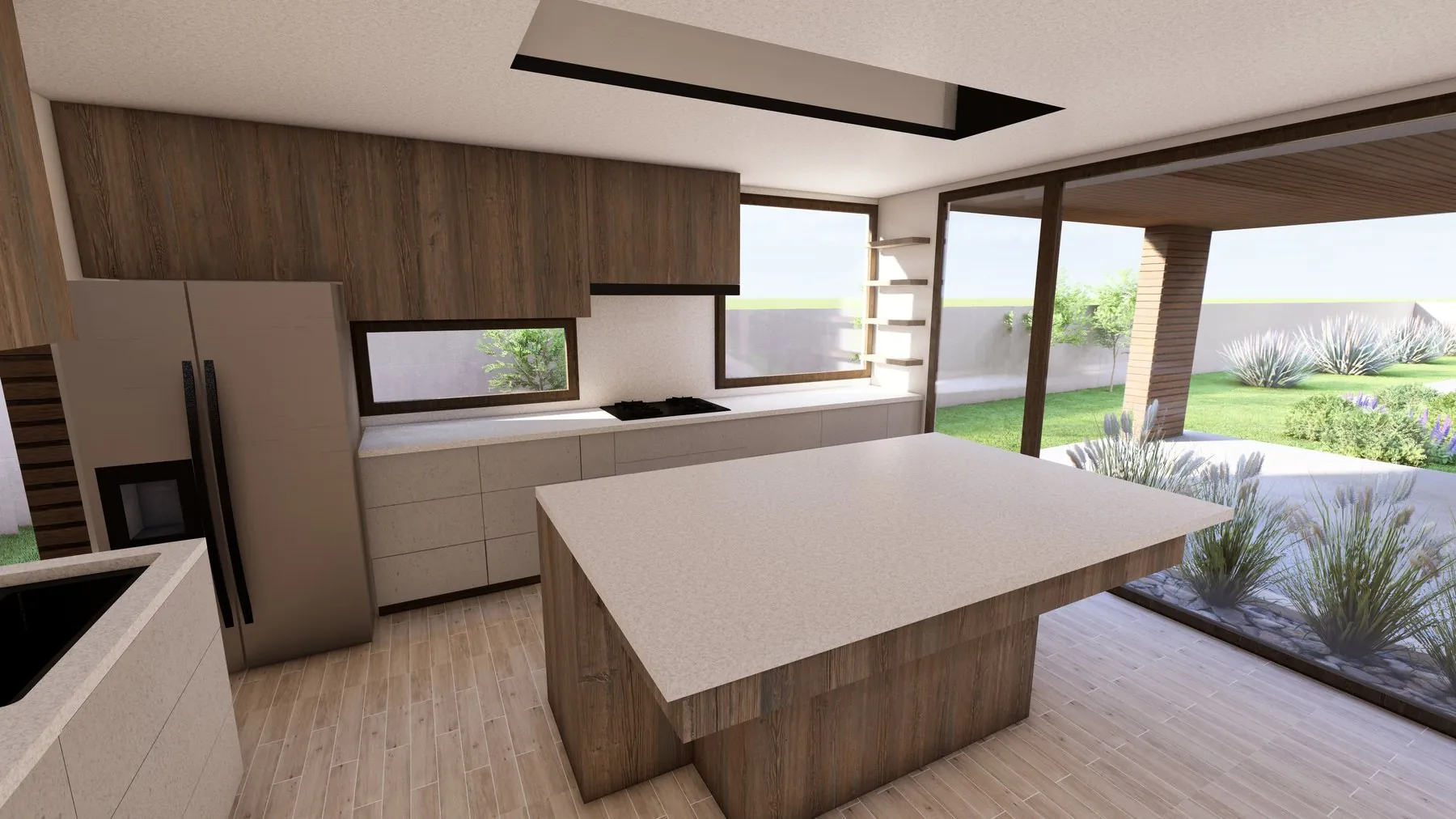 Casa VJ: cocina con isla, revestimientos de madera y salida al jardín