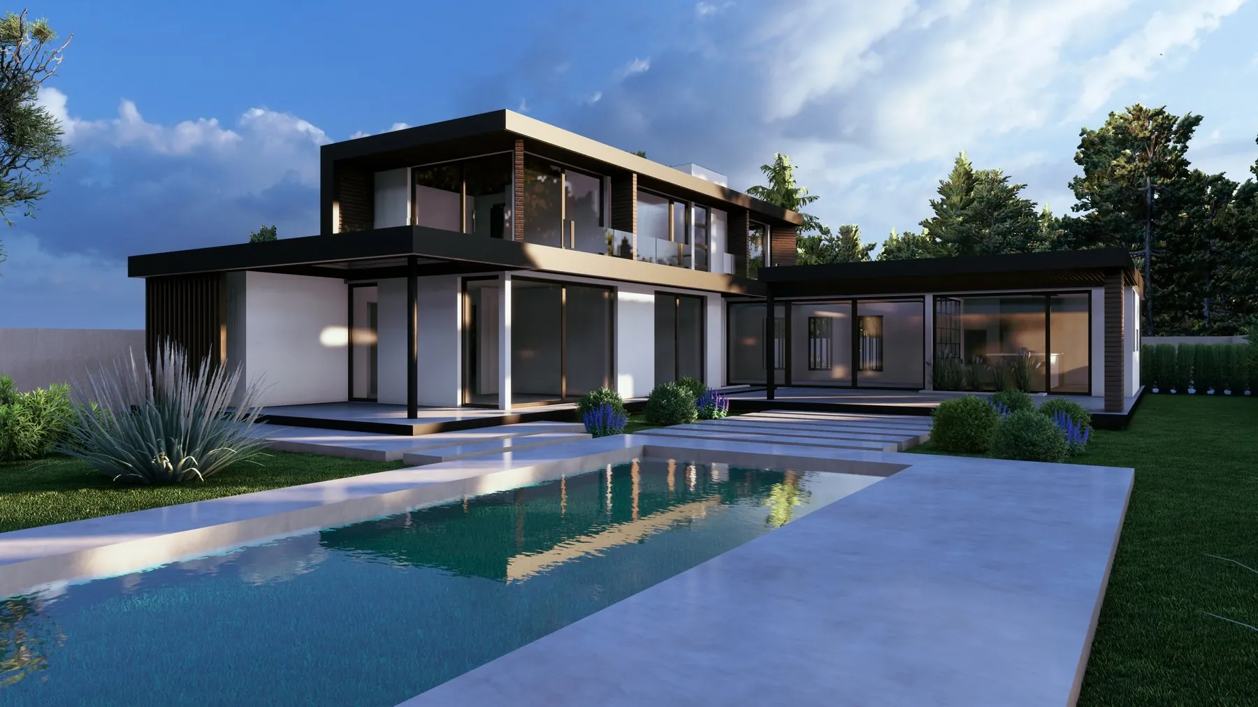 Casa VJ en Pirque: fachada posterior abierta al jardín, con piscina y terraza