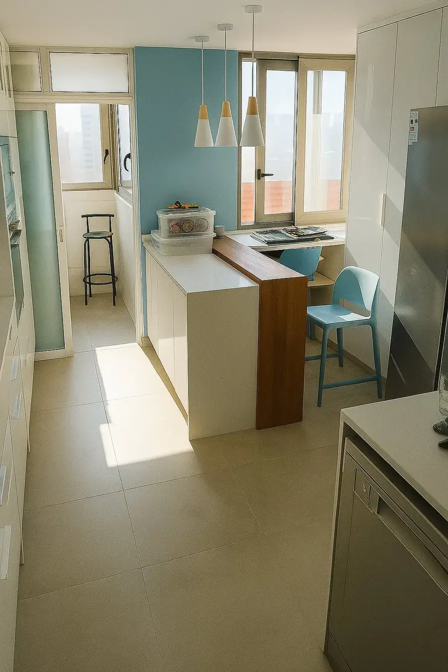 Departamento remodelado: cocina abierta con barra de madera y muro celeste