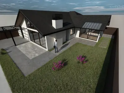 Casa CM: vivienda de cubierta oscura a dos aguas, frontón vidriado y pérgola metálica sobre el patio