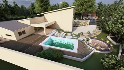 Casa Coolum: proyecto de paisajismo con piscina, deck, terrazas y fogón
