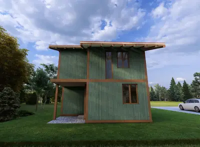 Casa Duque en Pirque: vivienda compacta de dos pisos en madera pintada, con alero y terraza