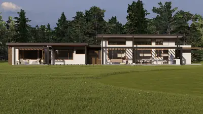 Casa Lonquén: vivienda de un piso con pérgola, ventanales y alero corrido, entre árboles