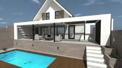 Casa Villarroel en La Florida: terraza cubierta con pérgola, piscina y deck de madera