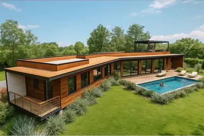 Casa Chiñigue: vivienda de madera con terraza y piscina