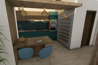 Casa Patricio en Las Condes: cocina y comedor con muebles en verde y madera