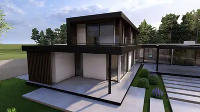 Casa VJ en Pirque: vivienda con terraza cubierta y jardín