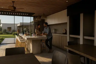 Quincho en Chicureo: barra de hormigón, cielo de madera y pérgola abierta al jardín
